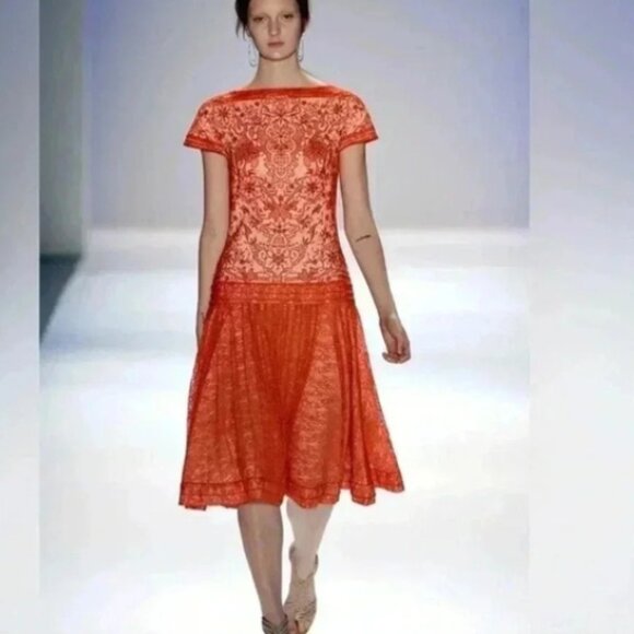 Tadashi Shoji Coral Lace Pattern Knee-Length Dress Size XL US 12 - Picture 2 of 4
